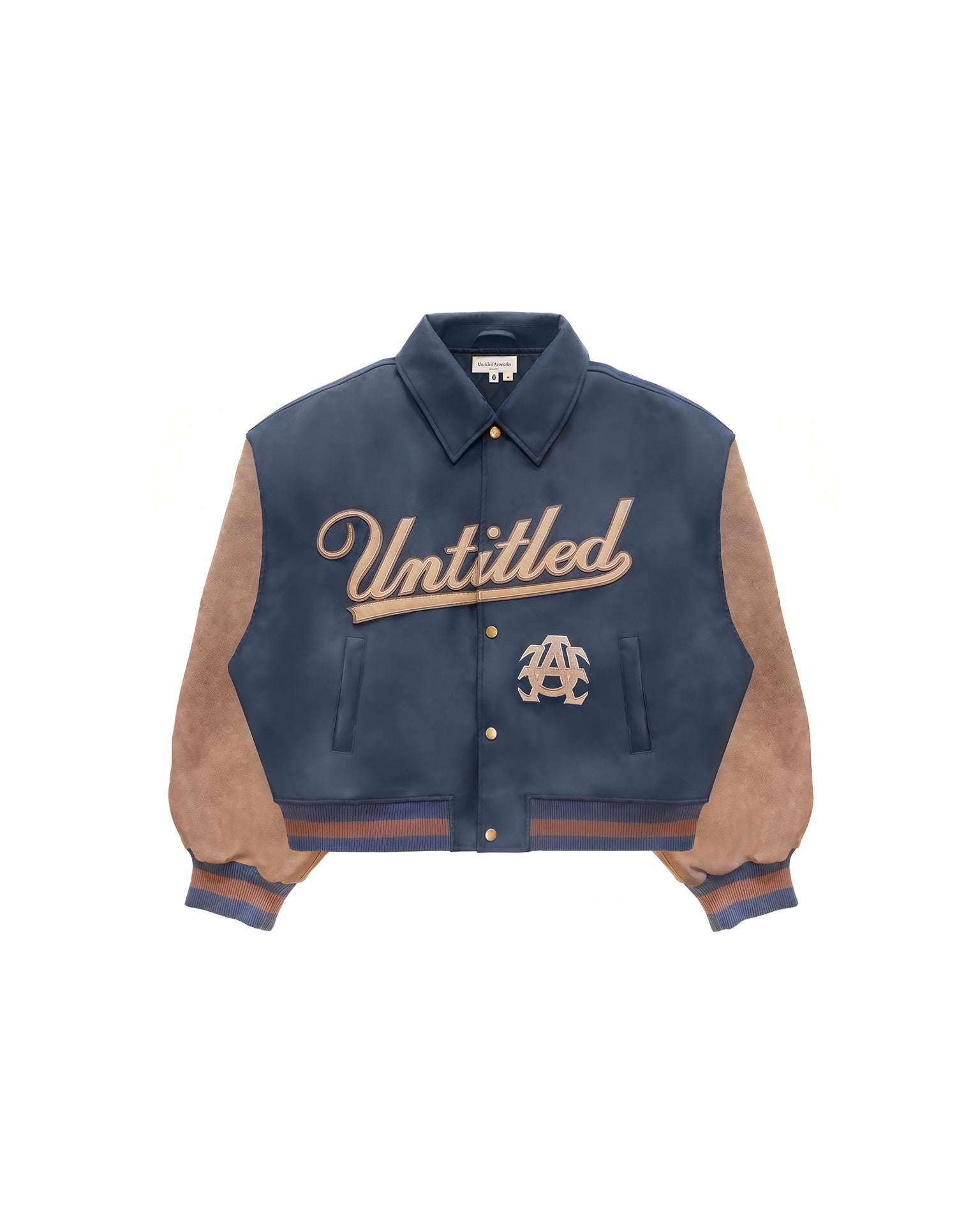 Untitled Artworks “Academy” varsity jacket in PU leather with front academy patch, oversized letterman style. flat front