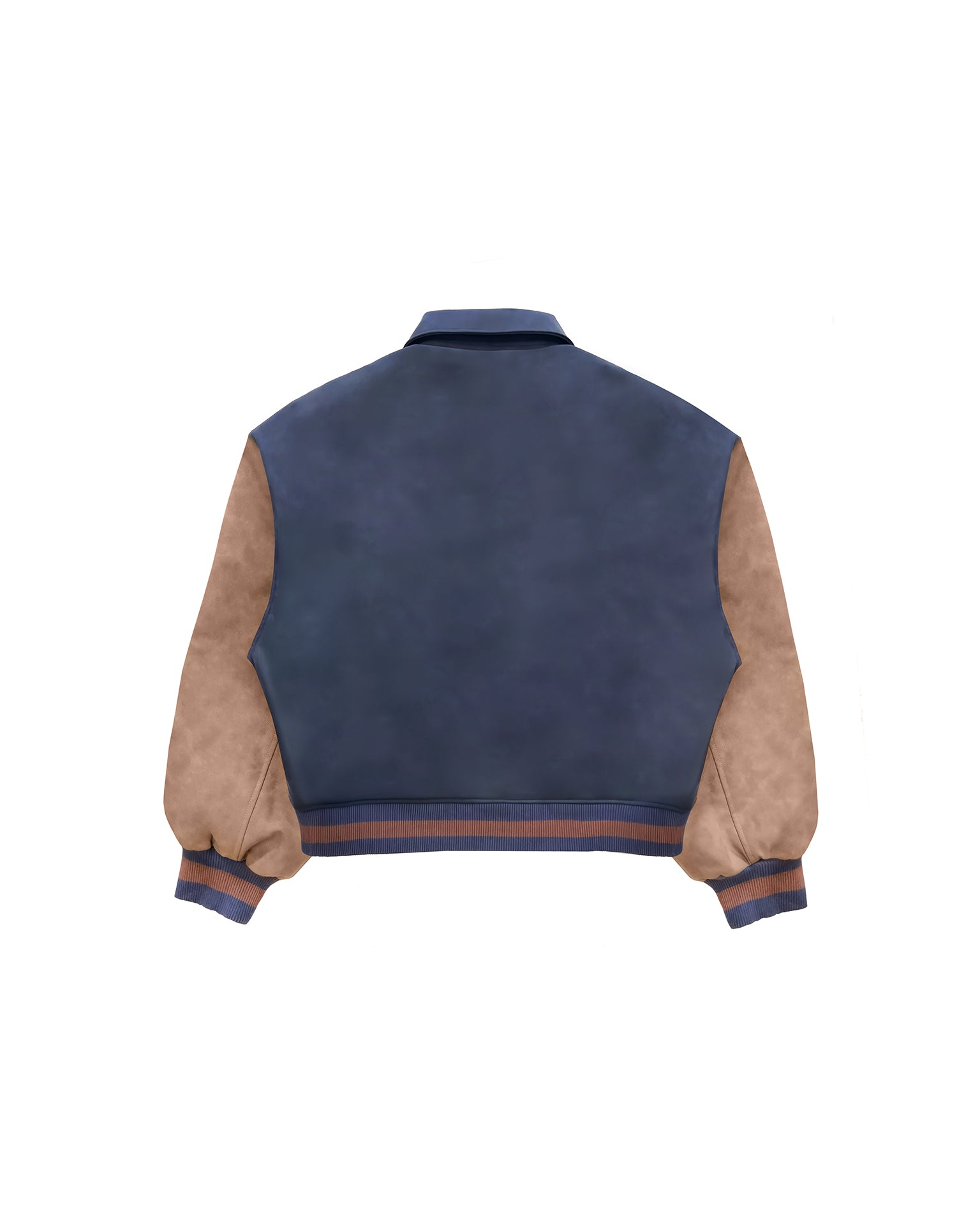 Untitled Artworks “Academy” varsity jacket in PU leather with front academy patch, oversized letterman style. flat back