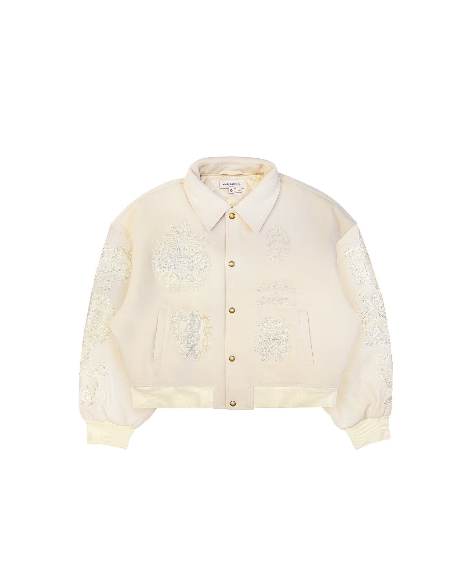 Untitled Artworks “Angel of Peace” varsity jacket in white with peace symbol embroidery and patches, oversized fit. flat front facing