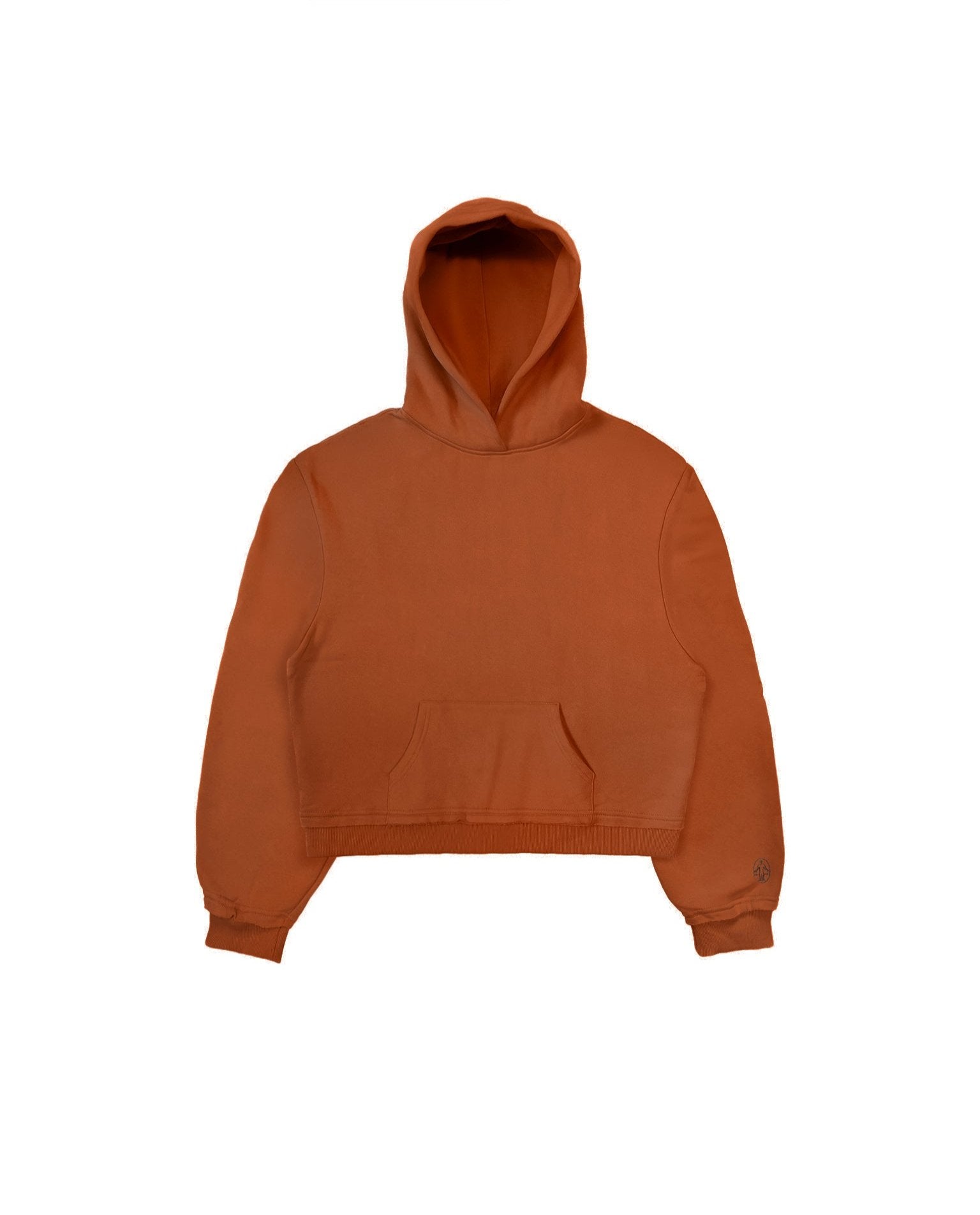 Untitled Artworks Essential Hoodie in Rust Brown – relaxed-fit fleece hoodie with raw-edge styling and front pocket. flat
