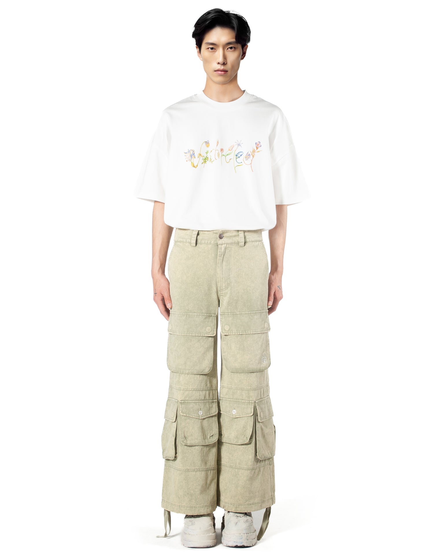 Washed Green Wide-Leg Cargo Pants