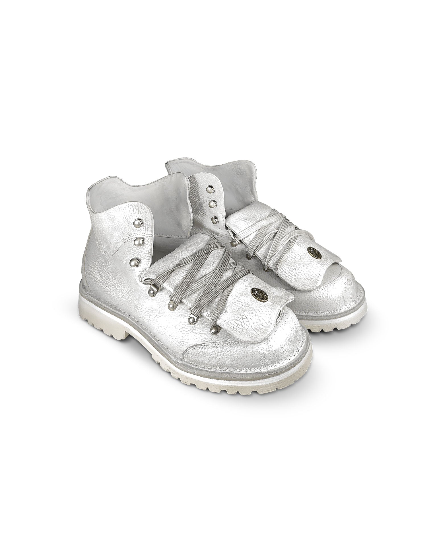 Close-up tongue view of the Untitled Artworks x Fracap Destroyer Boot in White, showcasing the distinctive spray-effect finish and premium leather construction.