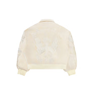 Untitled Artworks “Angel of Peace” varsity jacket in white with peace symbol embroidery and patches, oversized fit. back facing flat