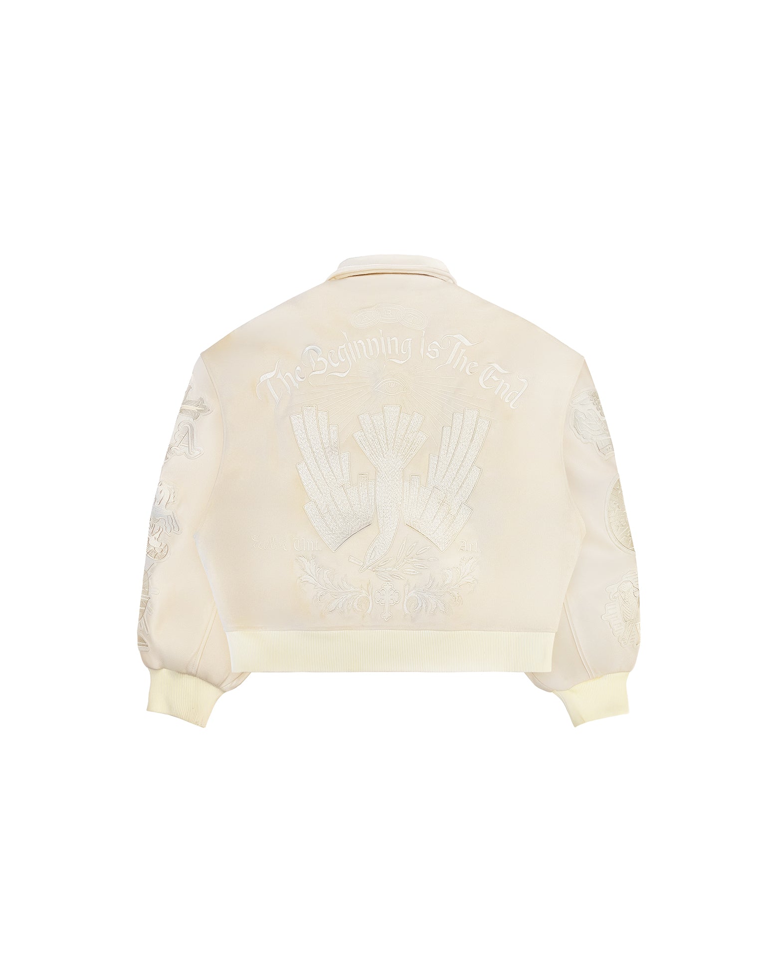 Untitled Artworks “Angel of Peace” varsity jacket in white with peace symbol embroidery and patches, oversized fit. back facing flat
