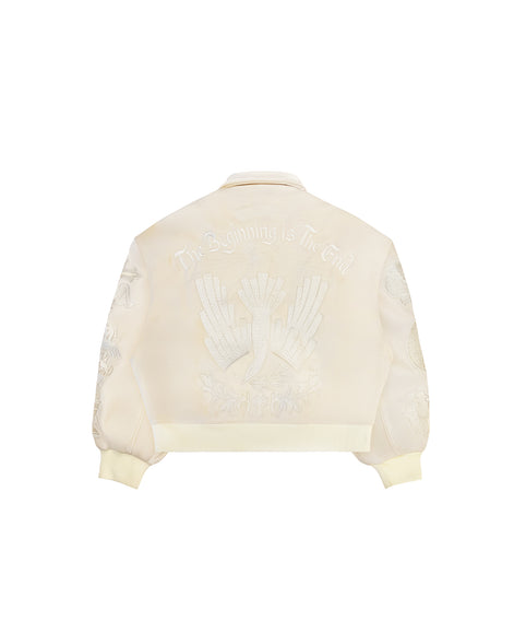 Untitled Artworks “Angel of Peace” varsity jacket in white with peace symbol embroidery and patches, oversized fit. back facing flat
