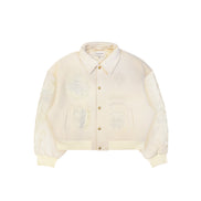 Untitled Artworks “Angel of Peace” varsity jacket in white with peace symbol embroidery and patches, oversized fit. flat front facing 