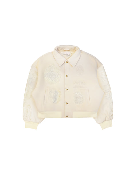 Untitled Artworks “Angel of Peace” varsity jacket in white with peace symbol embroidery and patches, oversized fit. flat front facing 