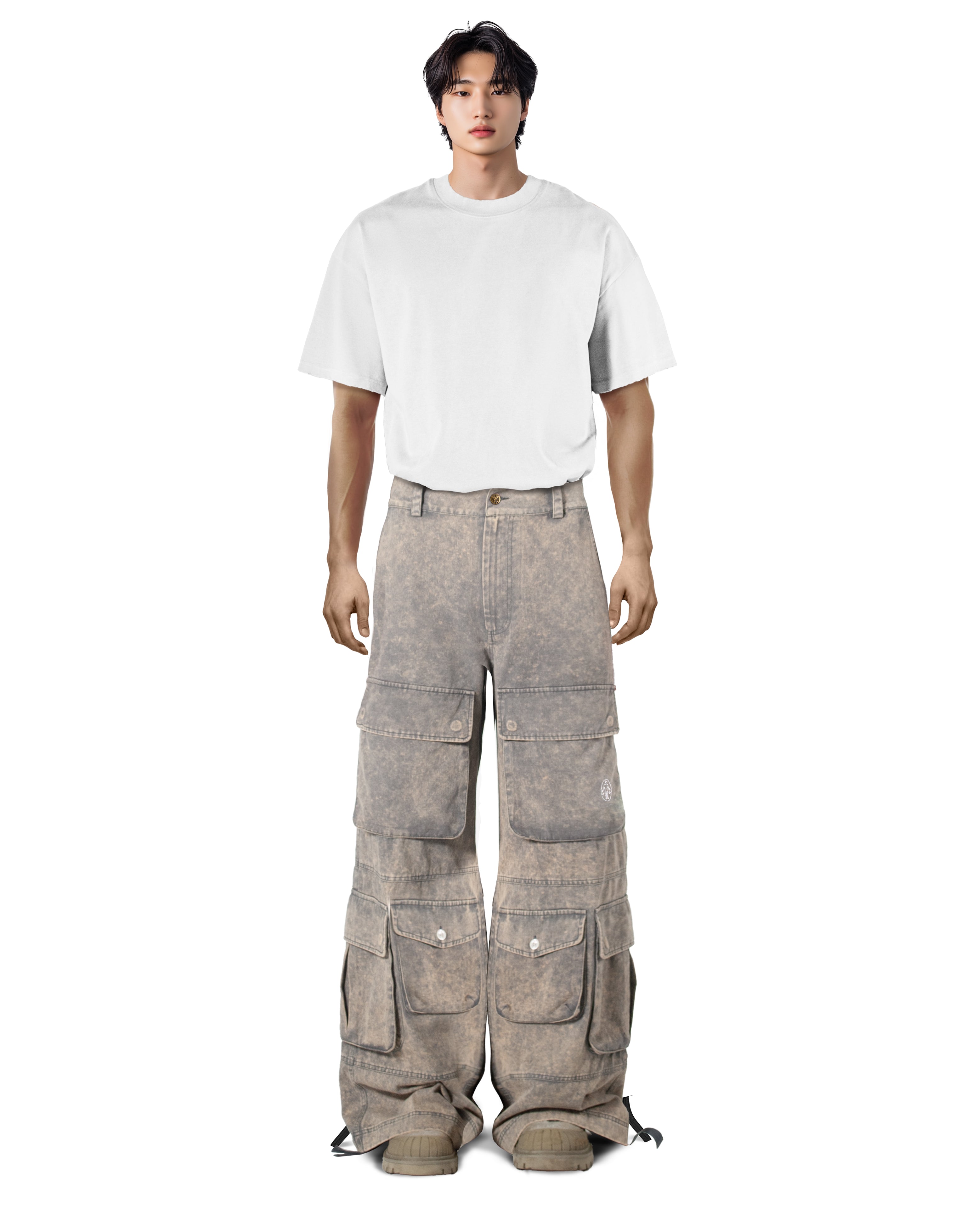 Washed Blue Wide-Leg Cargo Pants