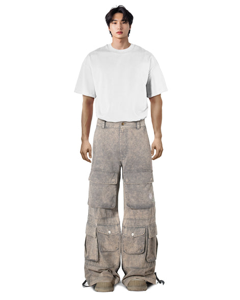 Washed Blue Wide-Leg Cargo Pants