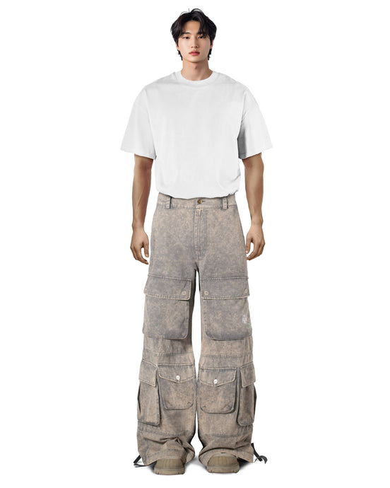 Washed Blue Wide-Leg Cargo Pants