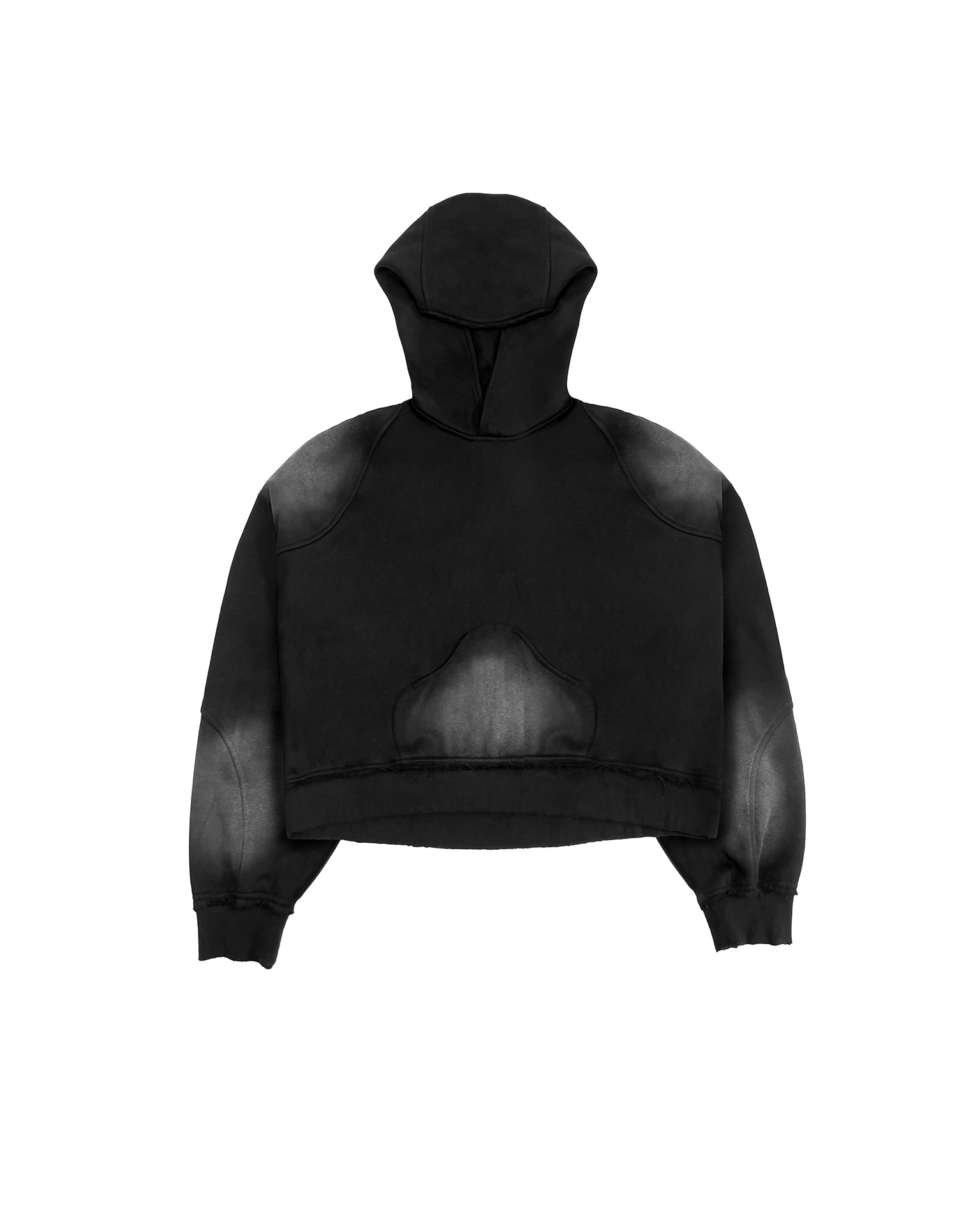 Flat view of the Untitled Artworks Consumed Hoodie in black, showcasing its oversized fit, kangaroo pocket, and unique stone wash effect.