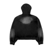 Back Flat view of the Untitled Artworks Consumed Hoodie in black, showcasing its oversized fit, kangaroo pocket, and unique stone wash effect.