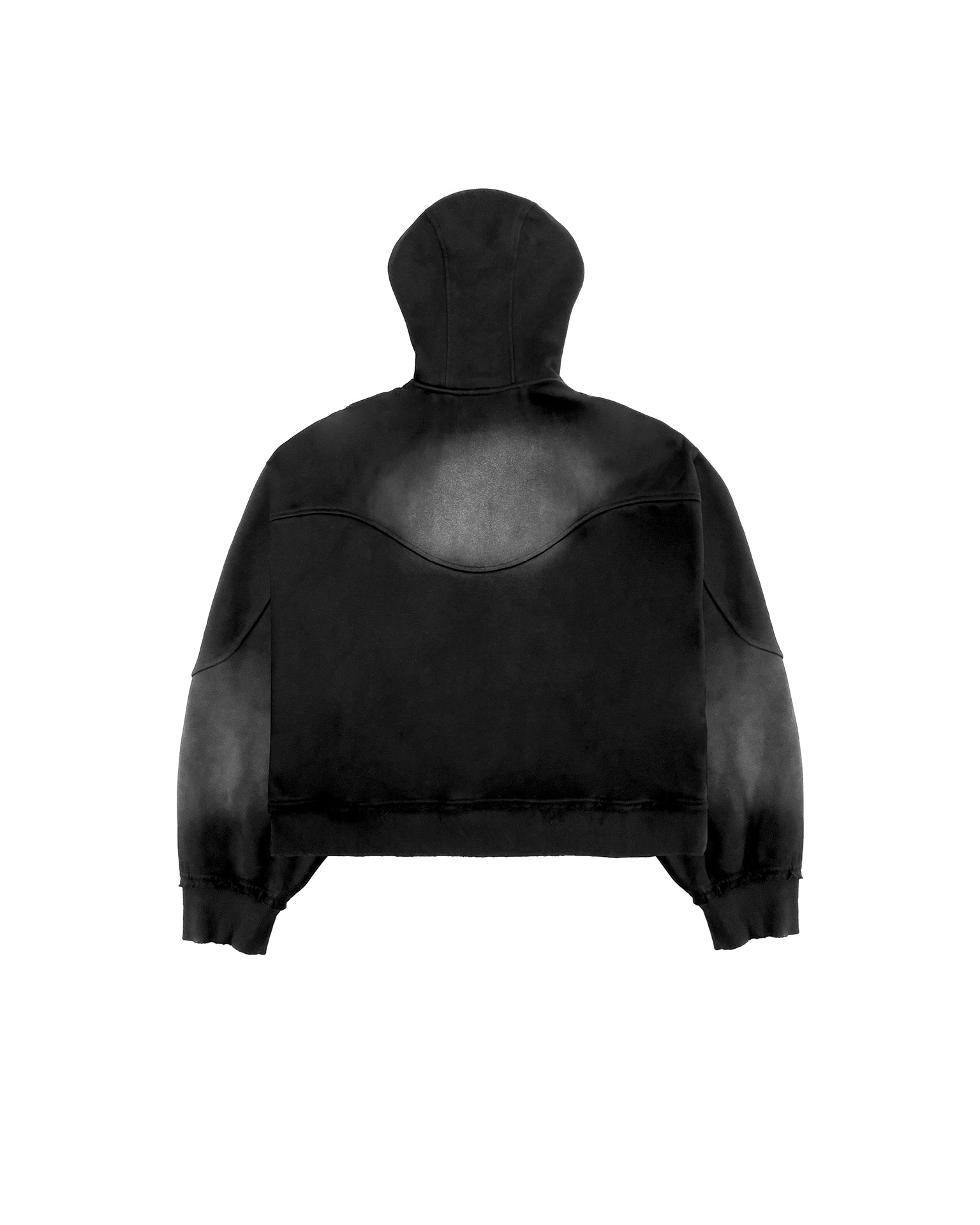 Back Flat view of the Untitled Artworks Consumed Hoodie in black, showcasing its oversized fit, kangaroo pocket, and unique stone wash effect.