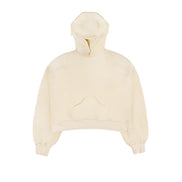 flat front view of the Untitled Artworks Consumed Hoodie in cream, showcasing its oversized fit, kangaroo pocket, and unique stone wash effect.