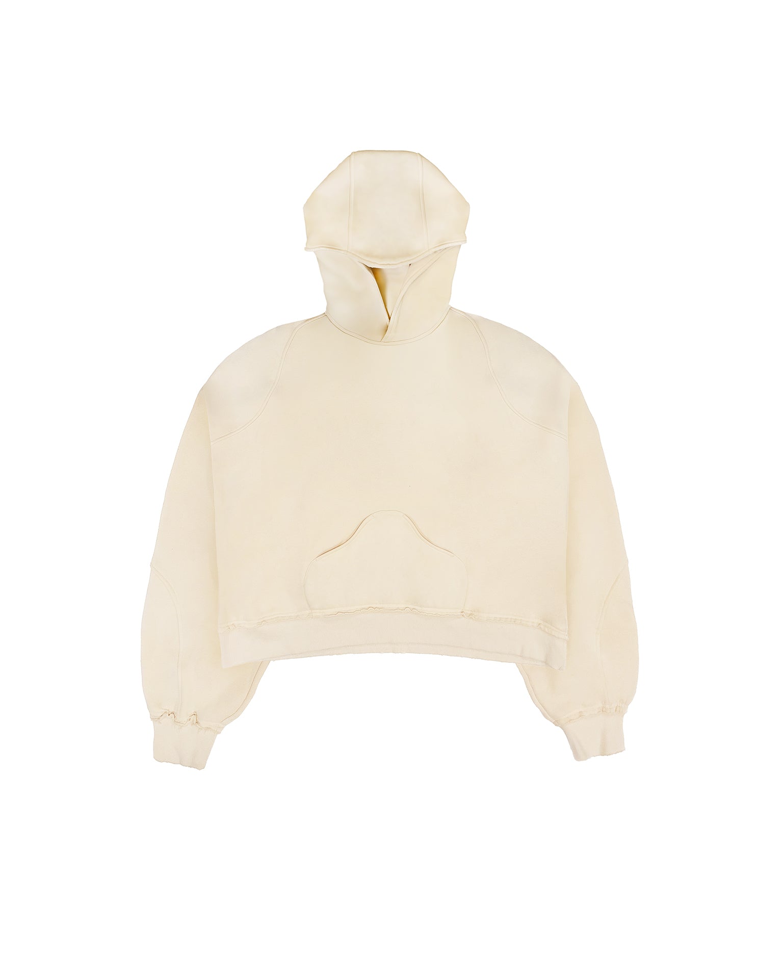 flat front view of the Untitled Artworks Consumed Hoodie in cream, showcasing its oversized fit, kangaroo pocket, and unique stone wash effect.