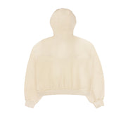 Flat Back view of the Untitled Artworks Consumed Hoodie in cream, showcasing its oversized fit, kangaroo pocket, and unique stone wash effect.