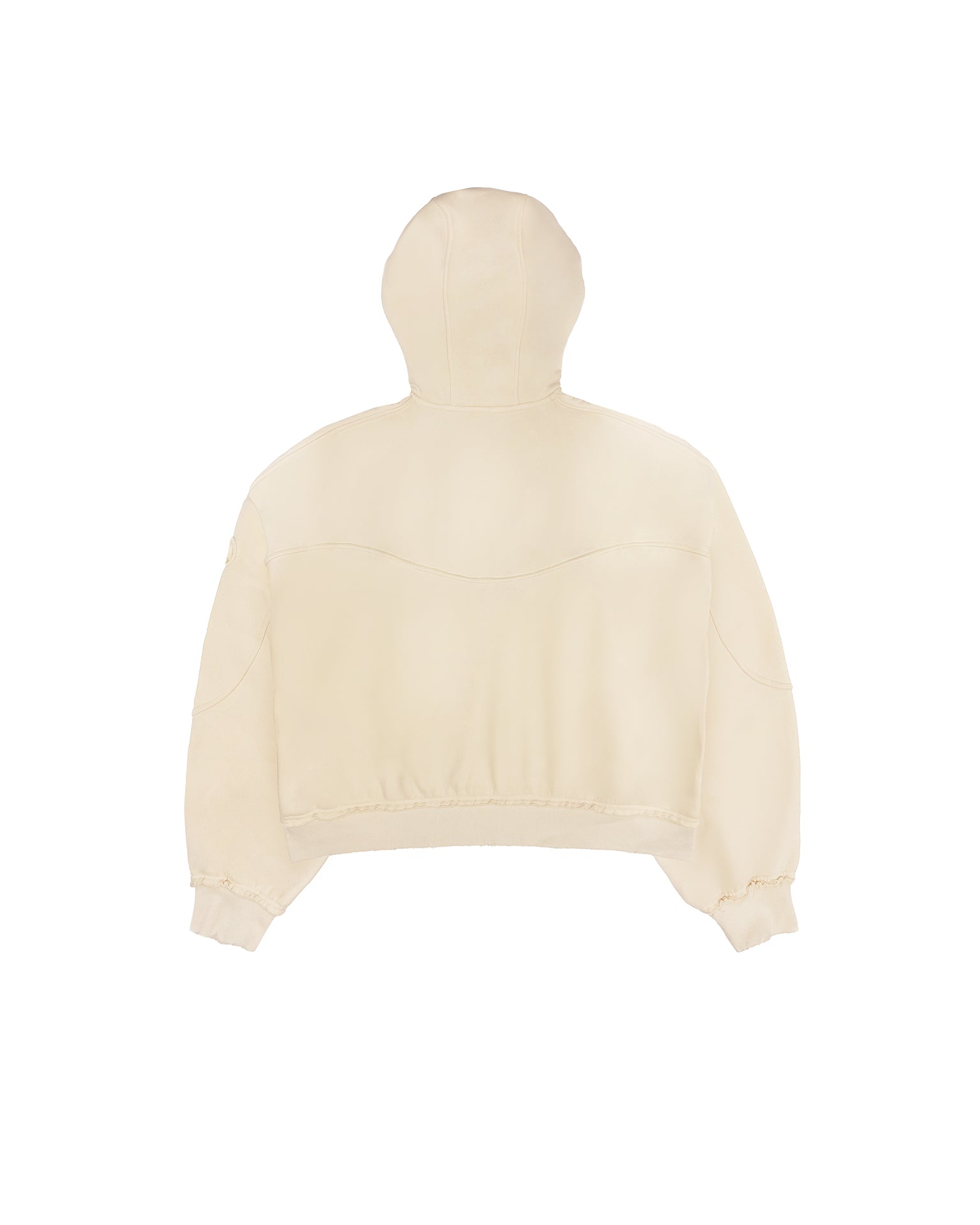 Flat Back view of the Untitled Artworks Consumed Hoodie in cream, showcasing its oversized fit, kangaroo pocket, and unique stone wash effect.