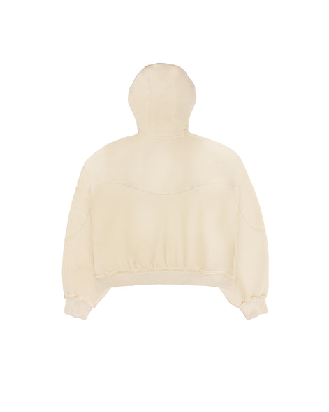 Flat Back view of the Untitled Artworks Consumed Hoodie in cream, showcasing its oversized fit, kangaroo pocket, and unique stone wash effect.