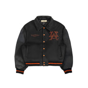 Untitled Artworks “Cult” varsity jacket in black with oversized fit and letterman-style embroidered graphics. flat front