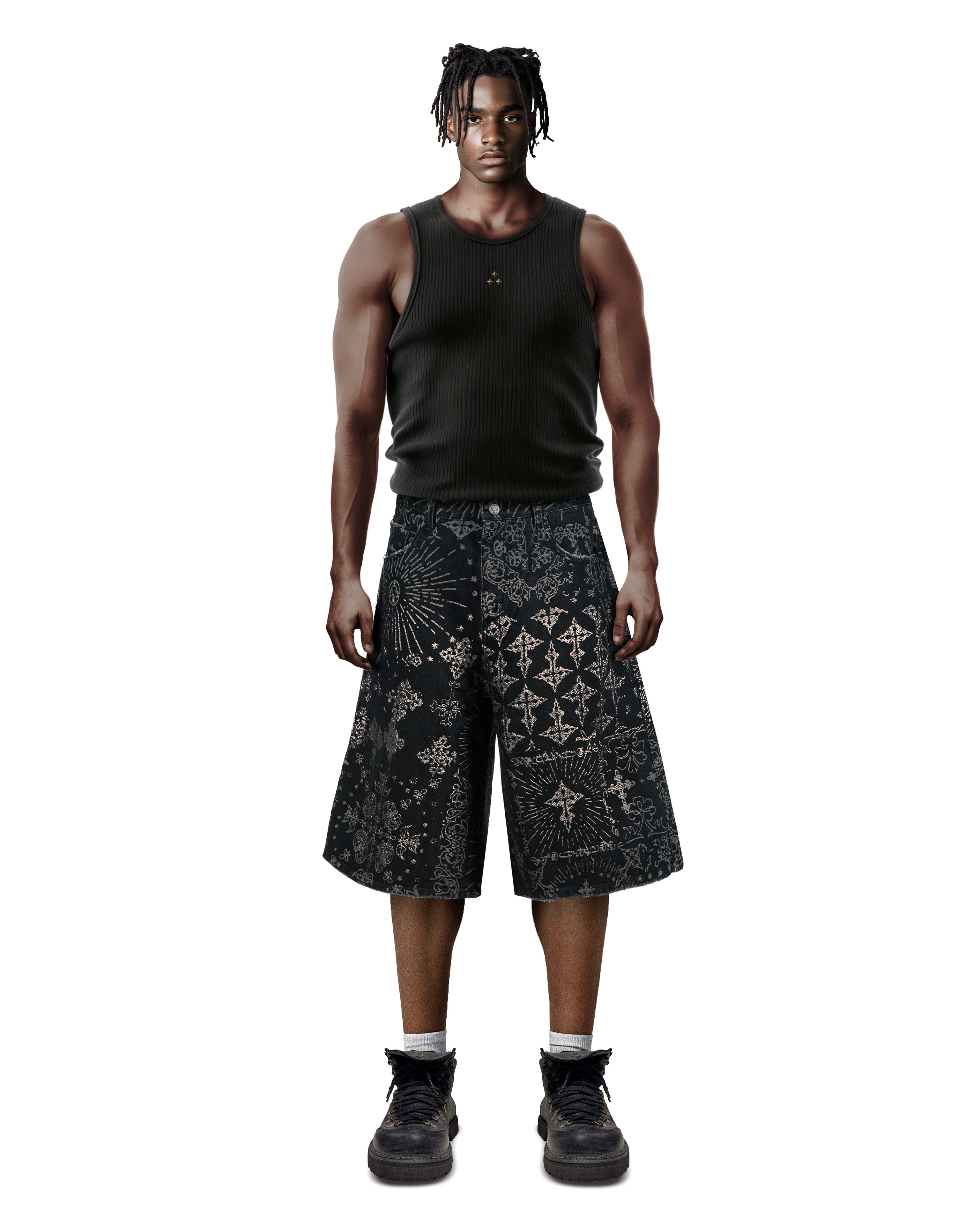 Jacquard Black Denim Shorts