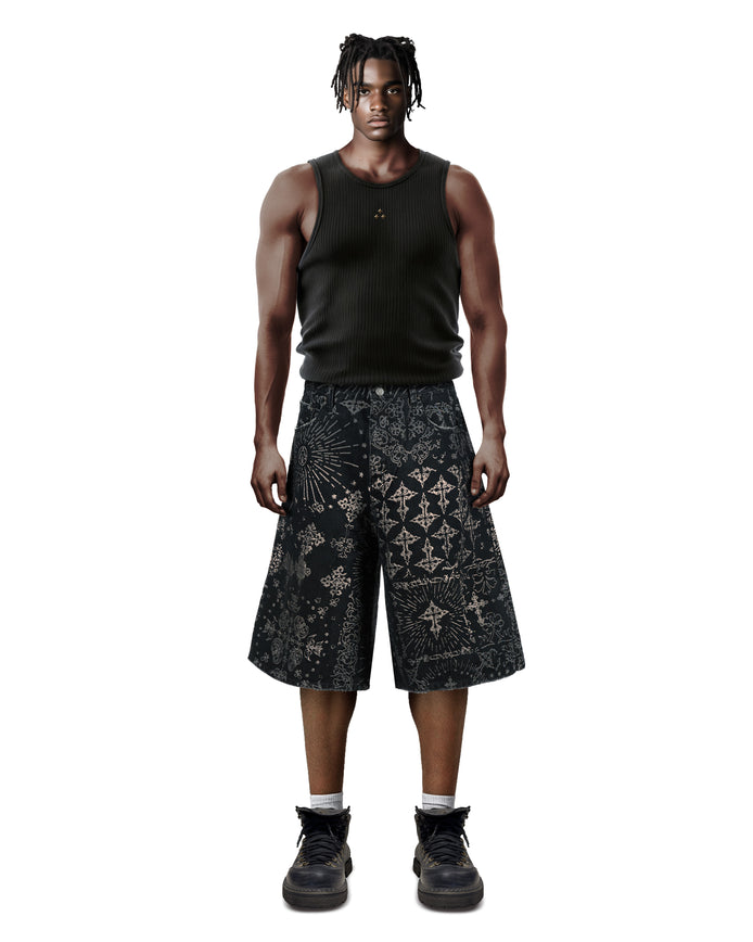 Jacquard Black Denim Shorts
