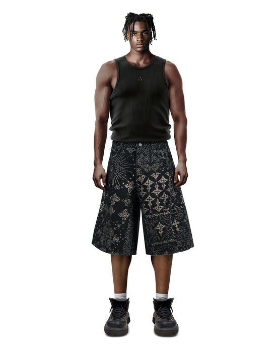 Jacquard Black Denim Shorts