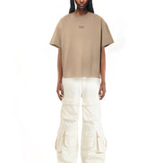 Front view of the taupe tee with large logo print