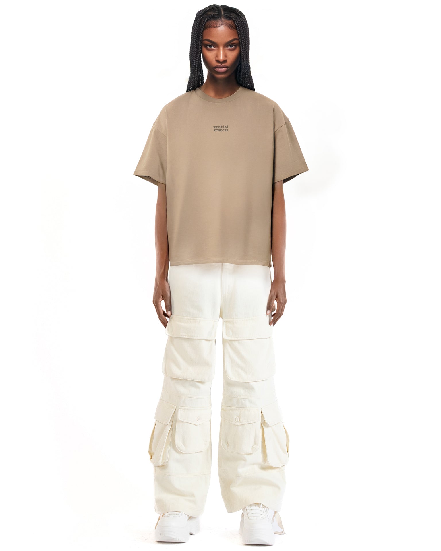 Front view of the taupe tee with large logo print