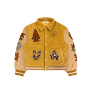 Untitled Artworks “Hunting Ginger” varsity jacket in ginger orange with hunting graphics and an oversized varsity silhouette. flat