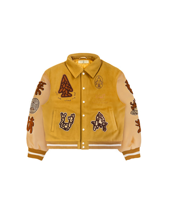 Untitled Artworks “Hunting Ginger” varsity jacket in ginger orange with hunting graphics and an oversized varsity silhouette. flat