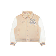 Untitled Artworks “Hunting Oat” varsity jacket in tan (oat) with embroidered hunting graphics and oversized letterman fit. Flat on model 