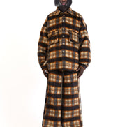 Front view of the brown mohair check shirt showing its oversized plaid design