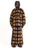 Front view of the brown mohair check shirt showing its oversized plaid design