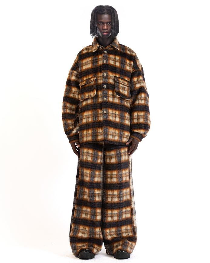 Front view of the brown mohair check shirt showing its oversized plaid design