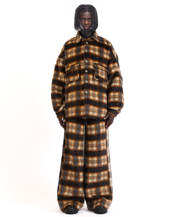 Front view of the brown mohair check shirt showing its oversized plaid design