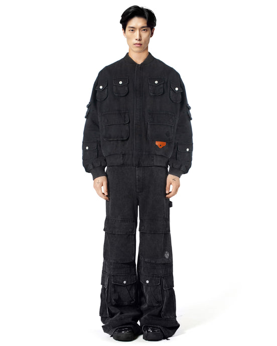 Cargo Bomber Jacket Washed Black