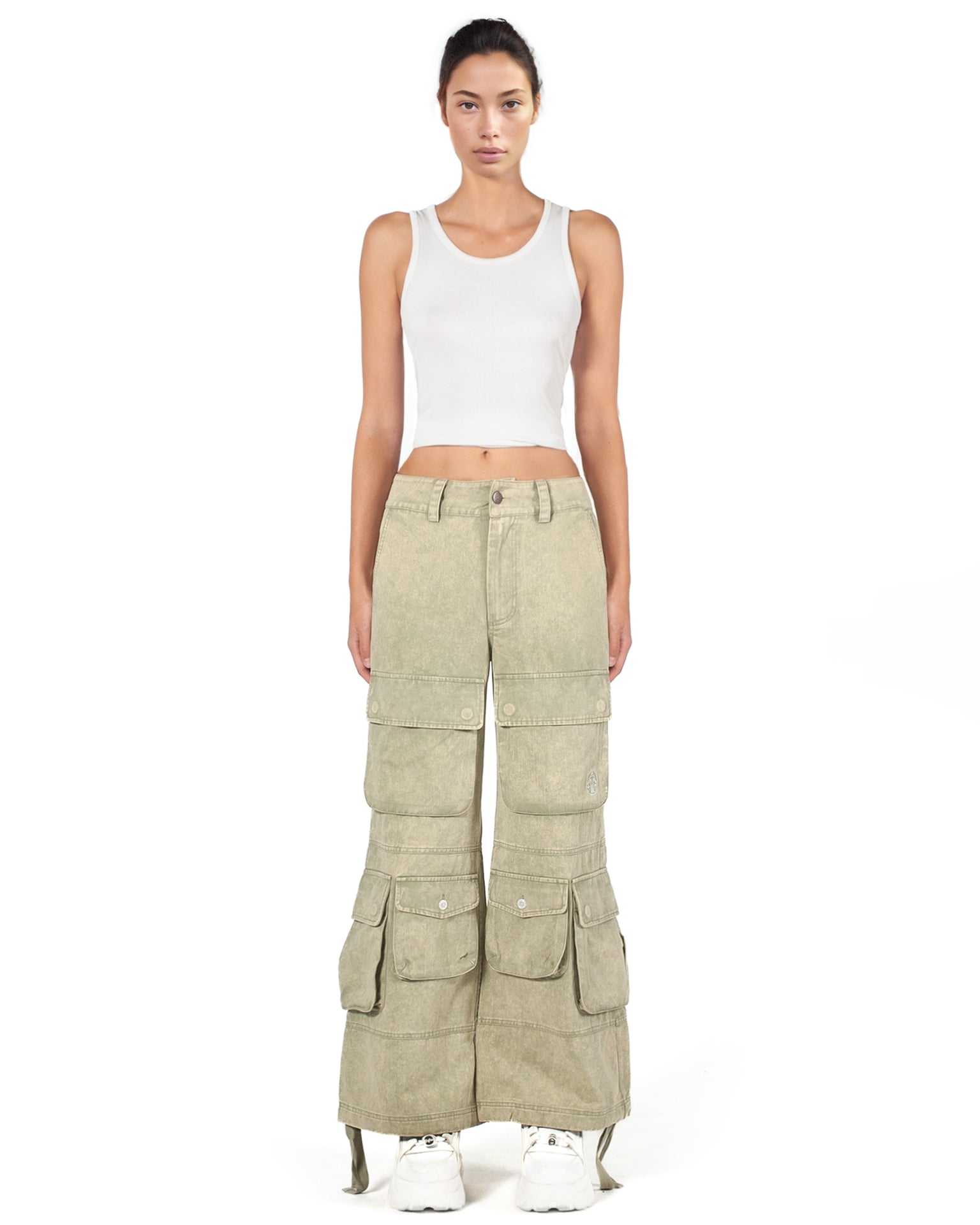 Washed Green Wide-Leg Cargo Pants