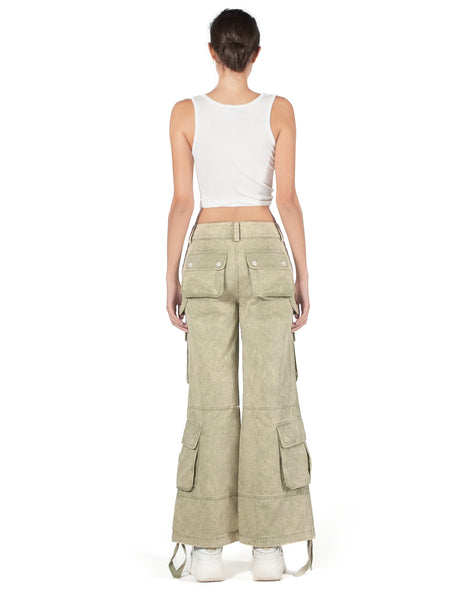 Washed Green Wide-Leg Cargo Pants