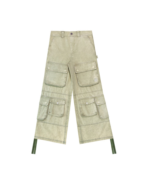 Washed Green Wide-Leg Cargo Pants