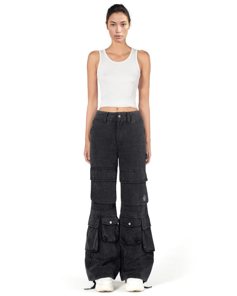 Washed Black Wide-Leg Cargo Pants