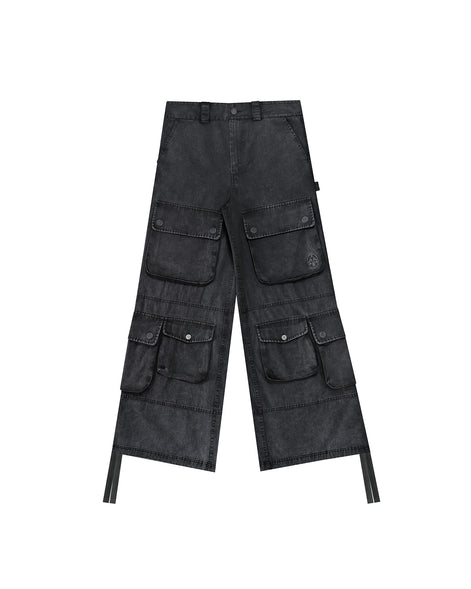 Washed Black Wide-Leg Cargo Pants