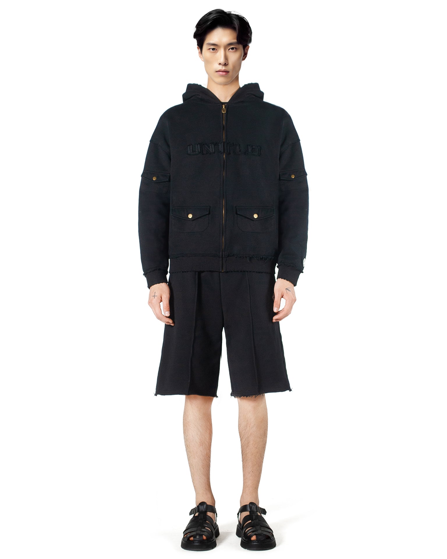 Black Distressed Zipper Hoodie