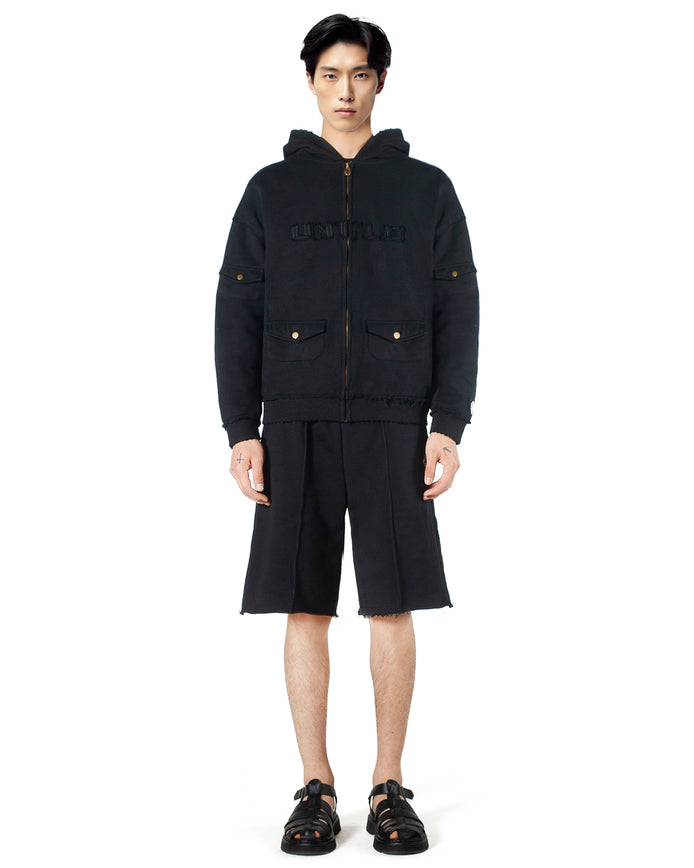 Black Distressed Zipper Hoodie