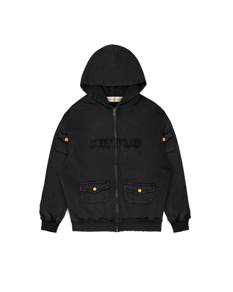 Black Distressed Zipper Hoodie