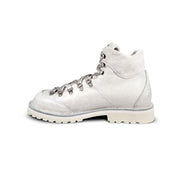 Close-up side 2 view of the Untitled Artworks x Fracap Destroyer Boot in White, showcasing the distinctive spray-effect finish and premium leather construction.