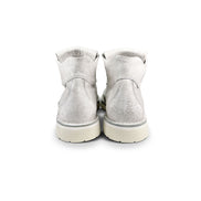 Close-up back view of the Untitled Artworks x Fracap Destroyer Boot in White, showcasing the distinctive spray-effect finish and premium leather construction.