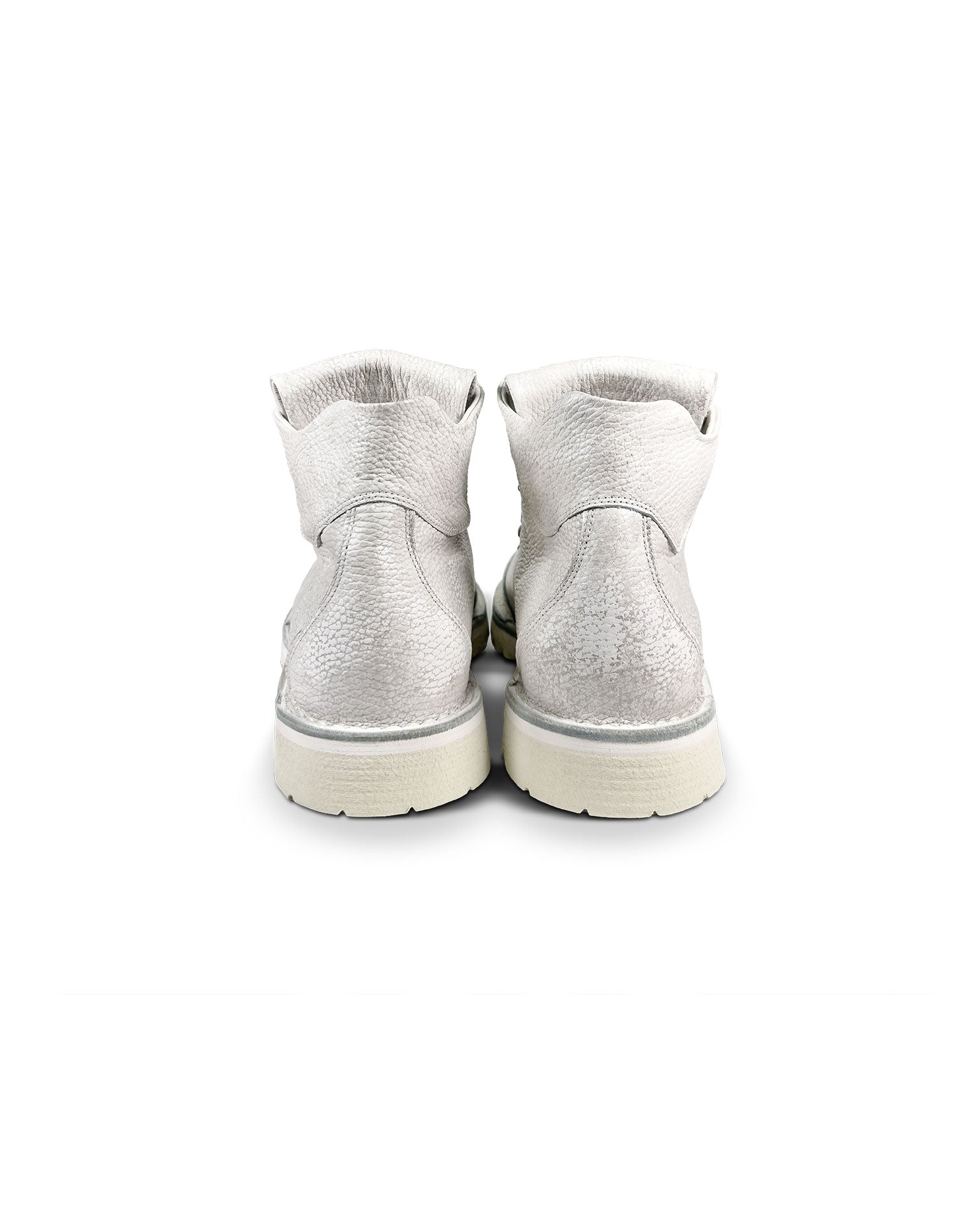 Close-up back view of the Untitled Artworks x Fracap Destroyer Boot in White, showcasing the distinctive spray-effect finish and premium leather construction.