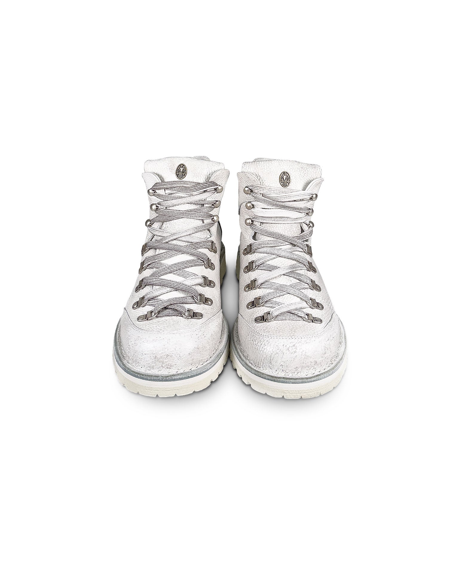 Close-up front view of the Untitled Artworks x Fracap Destroyer Boot in White, showcasing the distinctive spray-effect finish and premium leather construction.