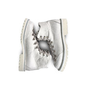 Close-up top down view of the Untitled Artworks x Fracap Destroyer Boot in White, showcasing the distinctive spray-effect finish and premium leather construction.