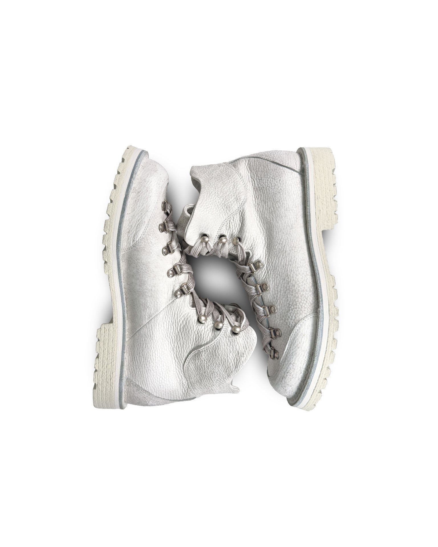 Close-up top down view of the Untitled Artworks x Fracap Destroyer Boot in White, showcasing the distinctive spray-effect finish and premium leather construction.